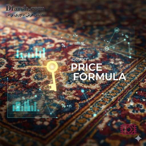 تصویر فرمول محاسبه قیمت فرش ماشینی: ترکیبی از الیاف اکریلیک، شانه ۷۰۰ و نمودارهای تراکم برای تعیین قیمت نهایی فرش.