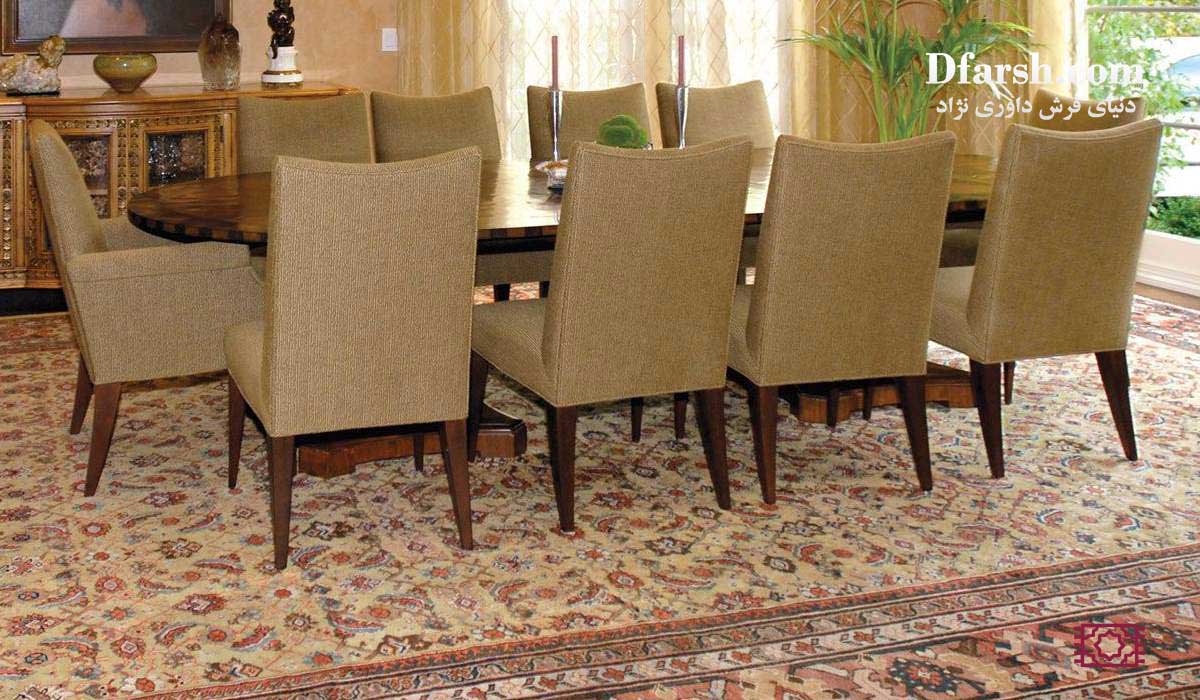 فرش ماشینی طرح افشان با تم رنگی خنثی (مانند طوسی یا نقره‌ای) مناسب برای دکوراسیون‌های امروزی و شیک