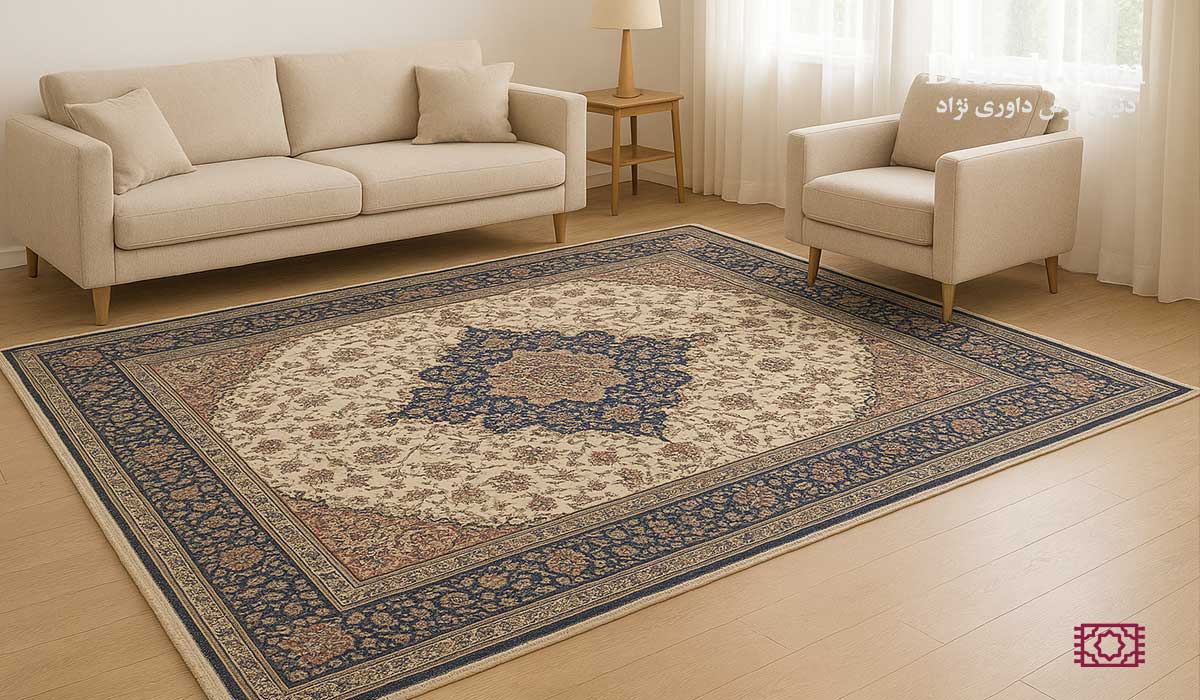 فرش ۷۰۰ شانه نگین مشهد با طرح افشان جدید و رنگ کرم سرمه ای