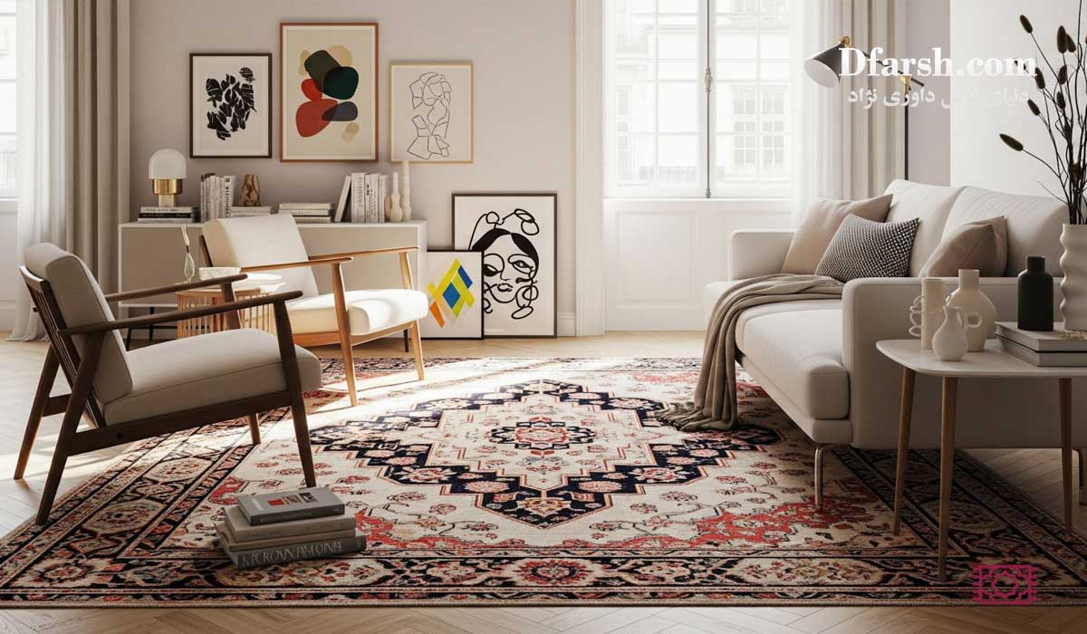 چیدمان مدرن سالن پذیرایی با فرش طوسی و مبلمان کرم