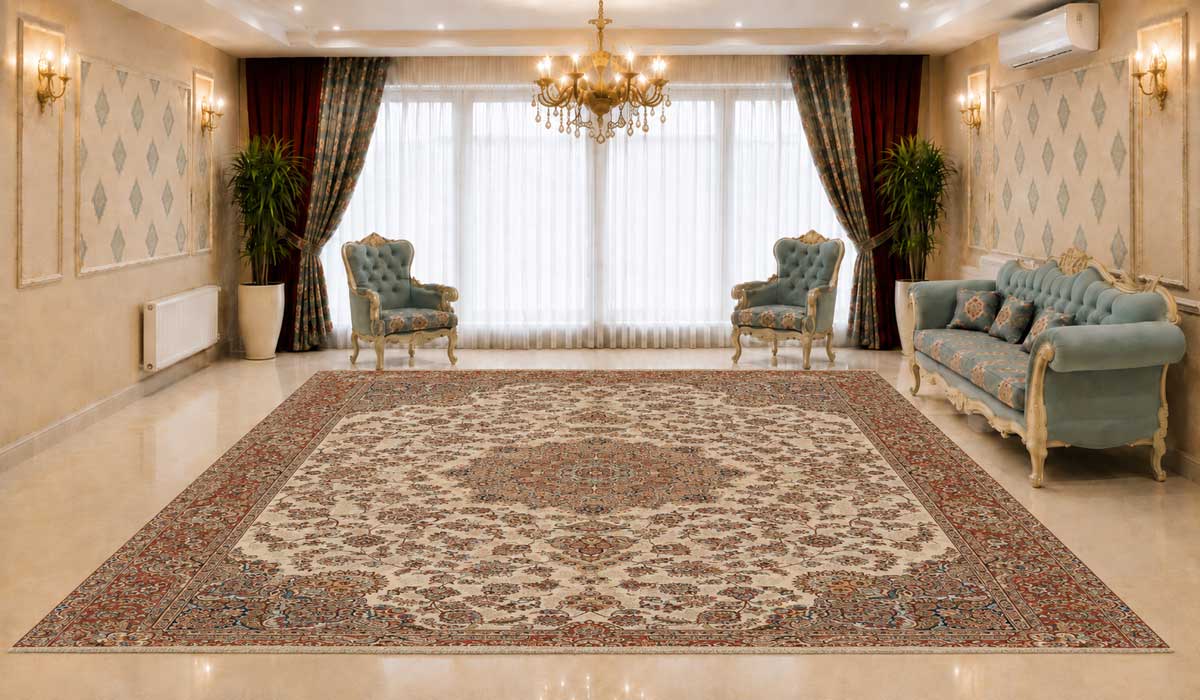 فرش مشهد 700 شانه طرح لچک و ترنج کد 702033 | dfarsh فرش مشهد 700 شانه طرح لچک و ترنج کد 702033 با تراکم 2550 در دکوراسیون پذیرایی لوکس
