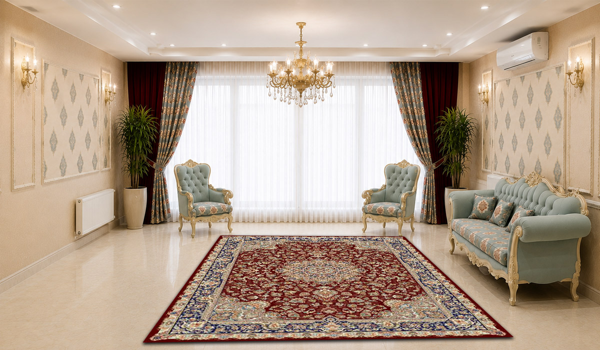 فرش مشهد 700 شانه طرح لچک و ترنج کد 722636 رنگ کرم با تراکم 2550 در دکوراسیون پذیرایی لوکس