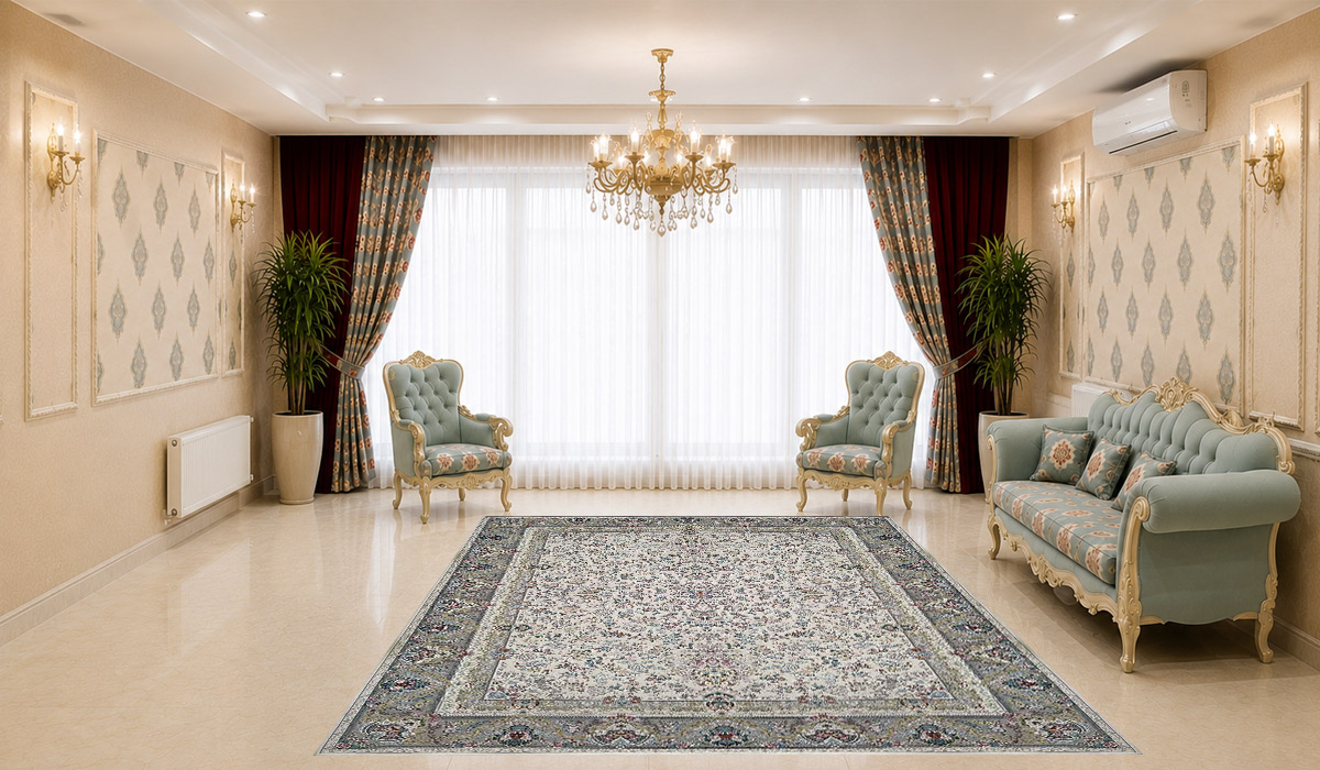 فرش زمرد مشهد 1500 شانه طرح افشان کد 55003 رنگ کرم با تراکم 4500 در دکوراسیون پذیرایی لوکس