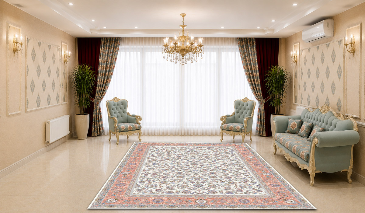 فرش زمرد مشهد 1500 شانه افشان کد 46000 رنگ کرم گلبهی | dfarsh فرش زمرد مشهد 1500 شانه طرح افشان کد 46000 رنگ کرم گلبهی با تراکم 4500 در دکوراسیون پذیرایی لوکس