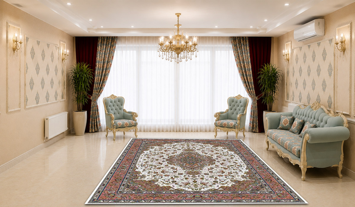 فرش زمرد مشهد 1500 شانه طرح لچک و ترنج کد 45001 رنگ کرم صورتی با تراکم 4500 در دکوراسیون پذیرایی لوکس