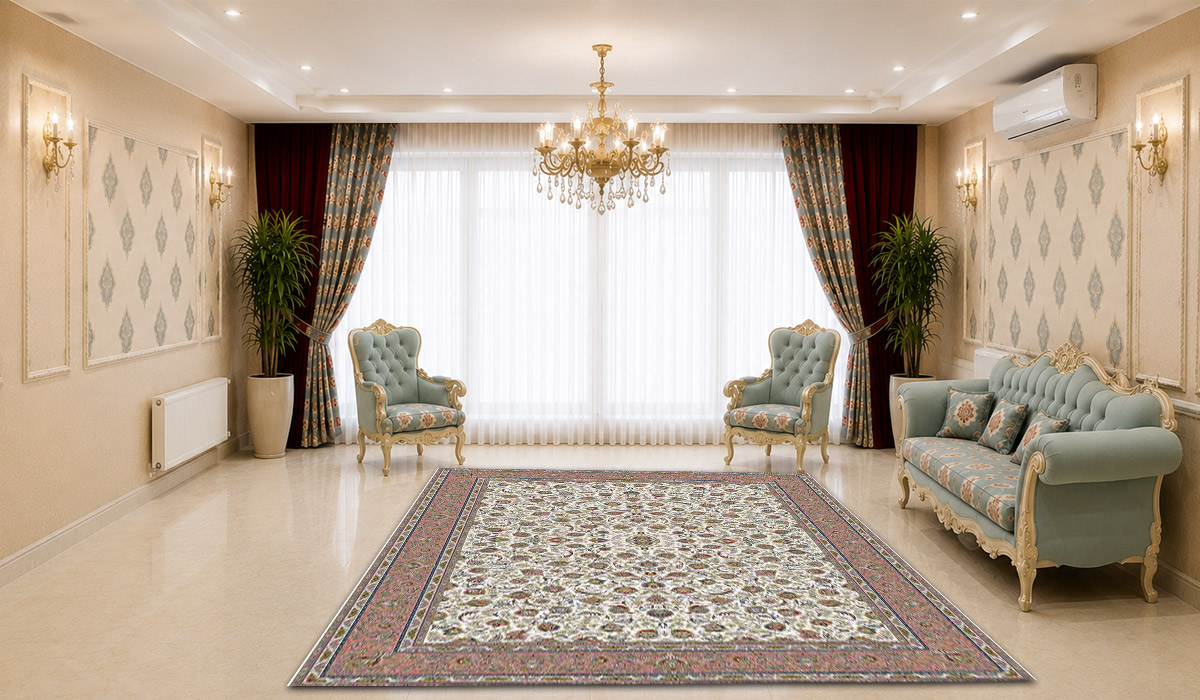 فرش زمرد مشهد 1500 شانه طرح افشان کد 45000 رنگ کرم صورتی با تراکم 4500 در دکوراسیون پذیرایی لوکس