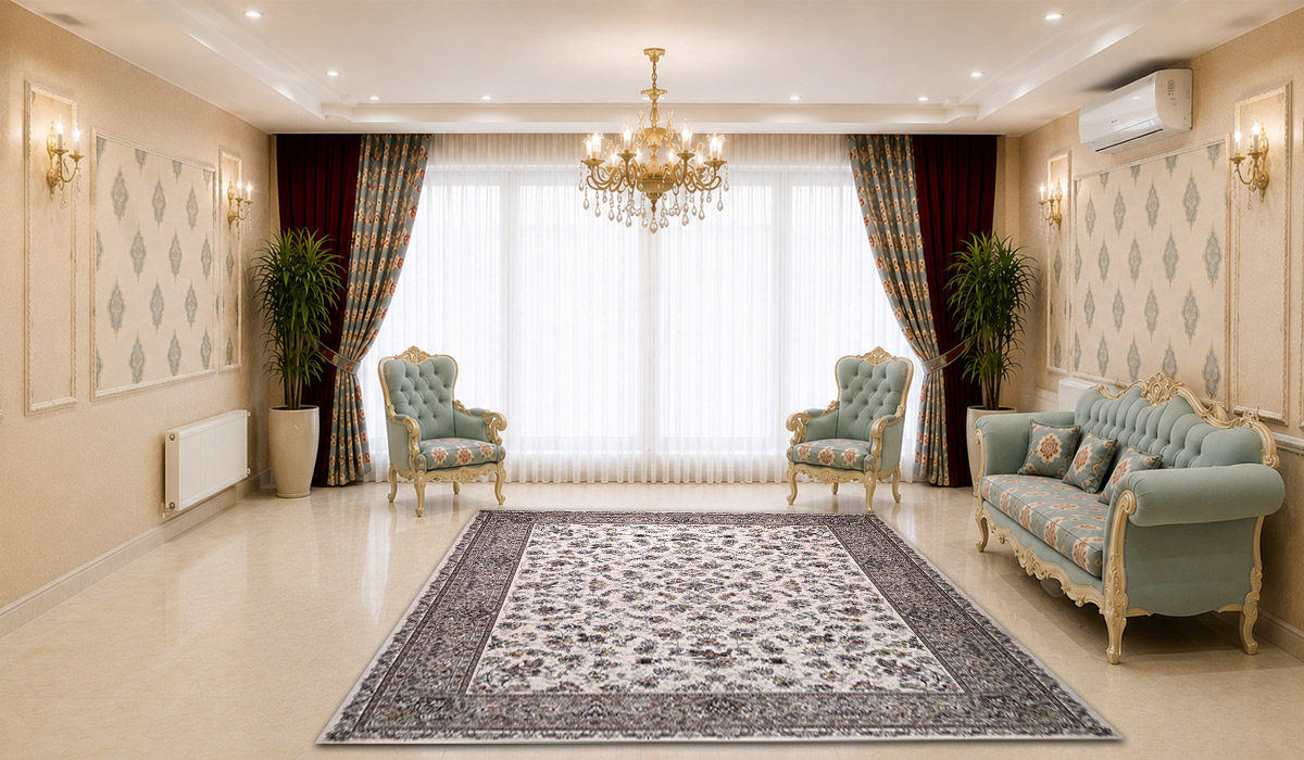 فرش زمرد مشهد 1200 شانه طرح افشان کد 22006 رنگ کرم با تراکم 3600 در دکوراسیون پذیرایی لوکس