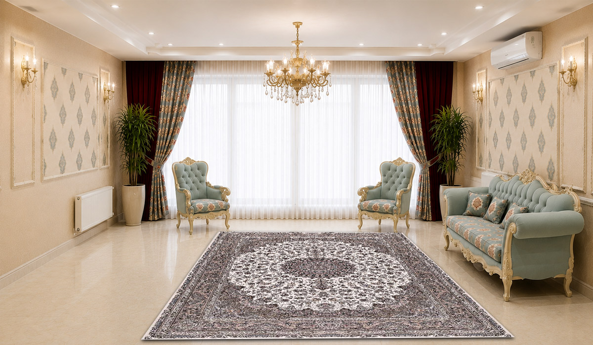 فرش زمرد مشهد 1200 شانه طرح لچک و ترنج کد 22007 رنگ کرم با تراکم 3600 در دکوراسیون پذیرایی لوکس