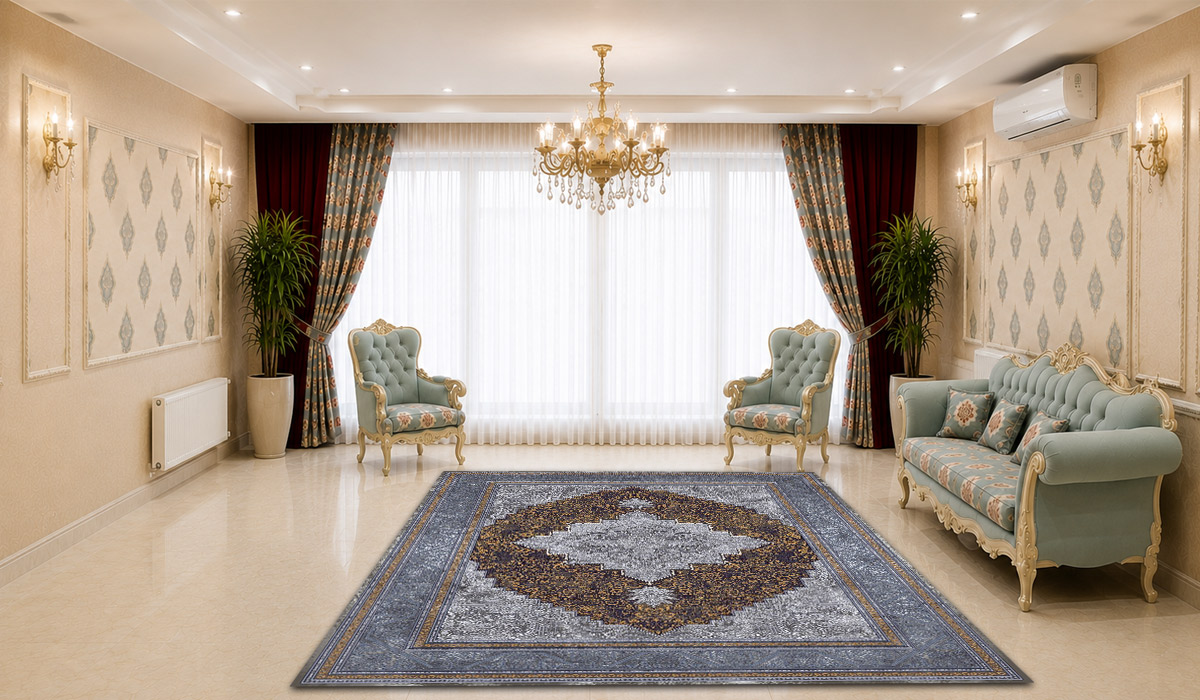 فرش زمرد مشهد 1200 شانه طرح لچک و ترنج کد 23004 رنگ الماسی با تراکم 3600 در دکوراسیون پذیرایی لوکس