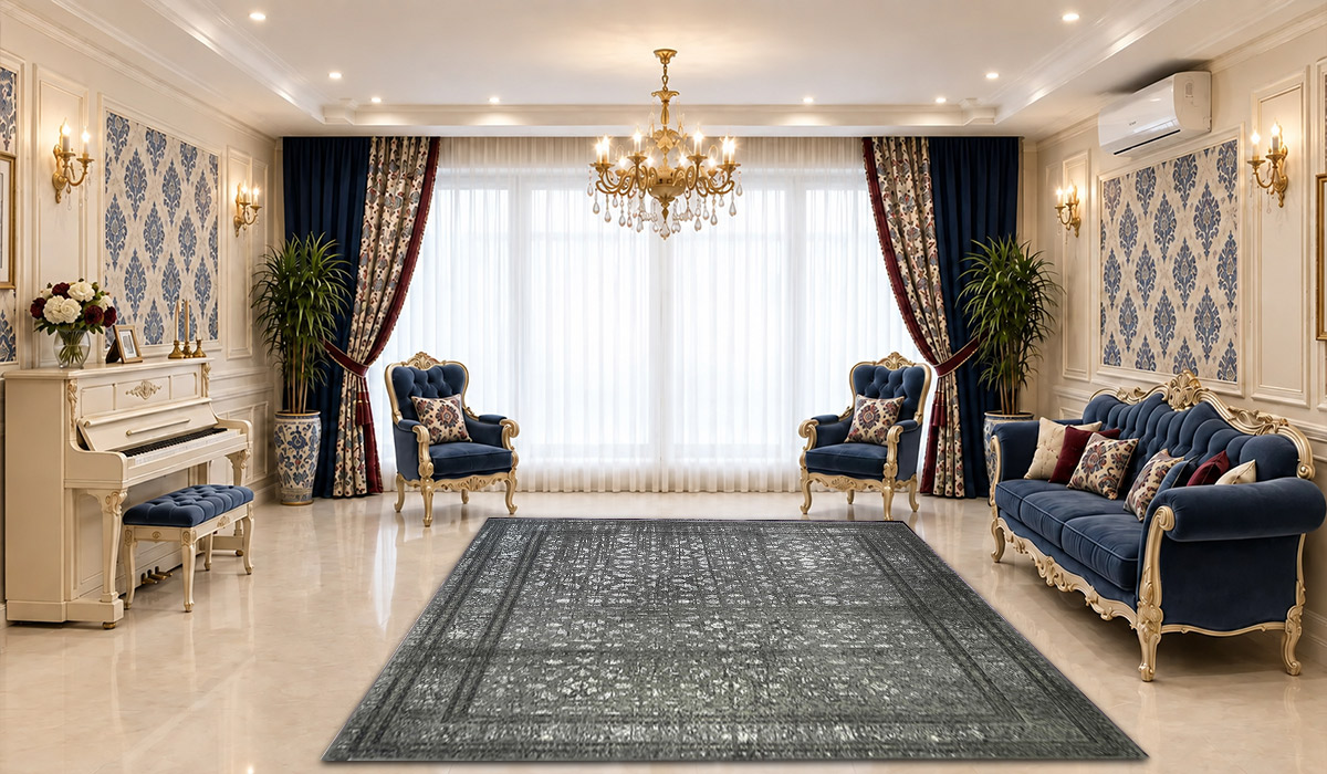 فرش زمرد مشهد 1200 شانه طرح افشان کد 24005 رنگ الماسی با تراکم 3600 در دکوراسیون پذیرایی لوکس