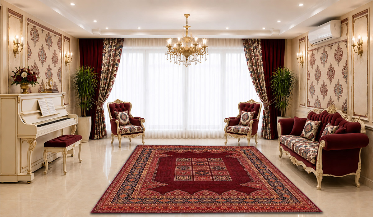 فرش زمرد مشهد 700 شانه طرح عشایر کد 38009 رنگ لاکی با تراکم 2100 در دکوراسیون پذیرایی