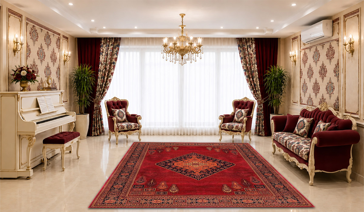 فرش زمرد مشهد 700 شانه طرح عشایر کد 38008 رنگ لاکی با تراکم 2100 در دکوراسیون پذیرایی