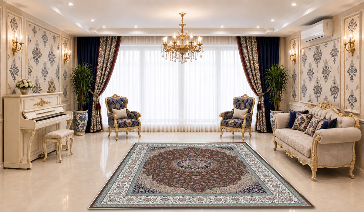 فرش زمرد مشهد 700 شانه طرح لچک و ترنج کد 25019 رنگ گردویی در دکوراسیون پذیرایی