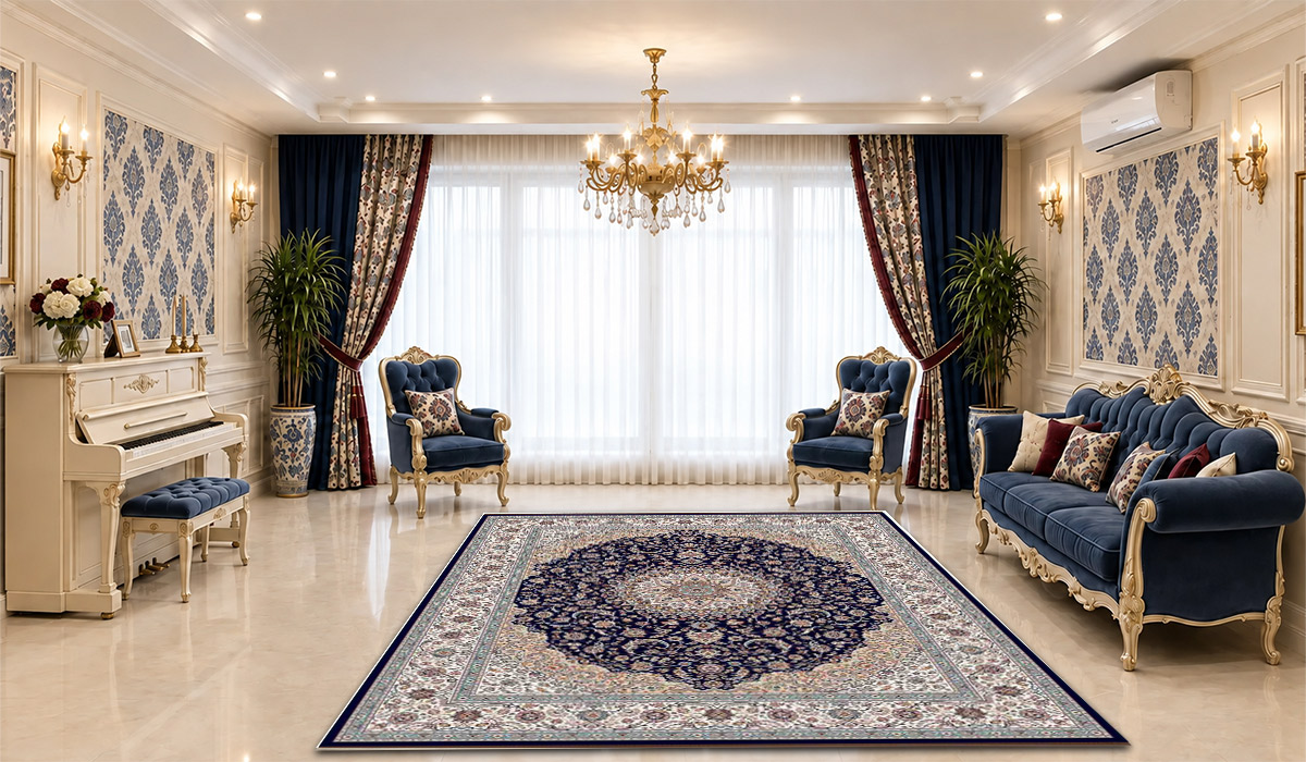 فرش زمرد مشهد 700 شانه طرح لچک و ترنج کد 25019 رنگ سرمه&zwnj;ای در دکوراسیون پذیرایی