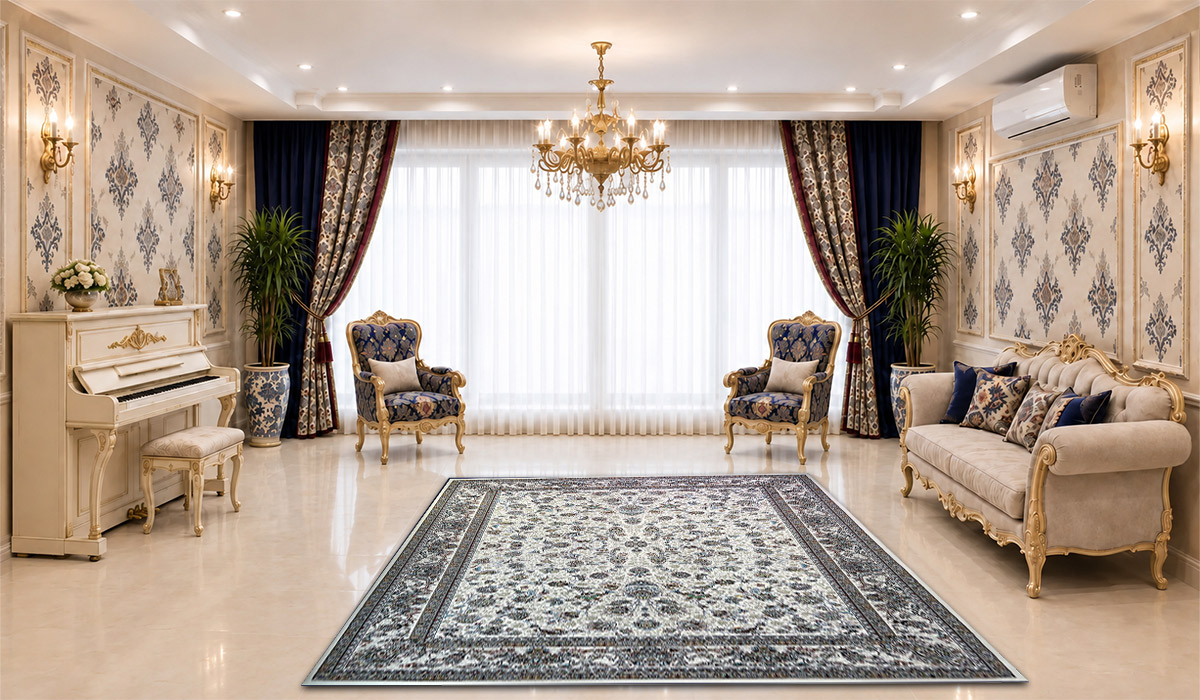 فرش زمرد مشهد 700 شانه طرح افشان کد 25041 رنگ کرم در دکوراسیون پذیرایی