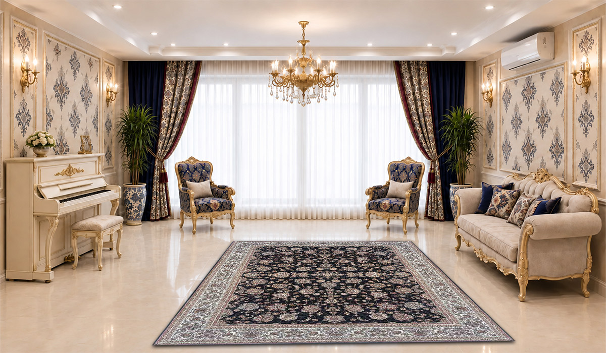 فرش زمرد مشهد 700 شانه طرح افشان کد 25010 رنگ کرم سرمه&zwnj;ای با تراکم 2550 در دکوراسیون پذیرایی