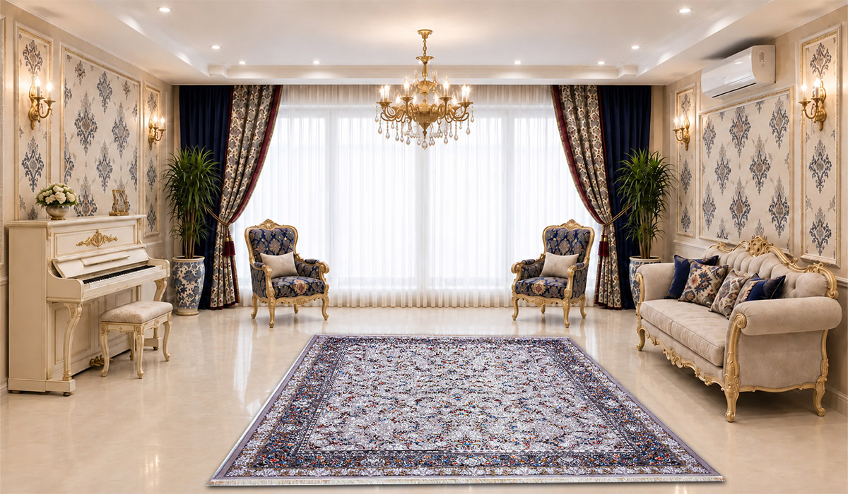 فرش 1500 شانه نگین مشهد طرح افشان کد 1506 رنگ نقره ای با تراکم 4500 در دکوراسیون پذیرایی