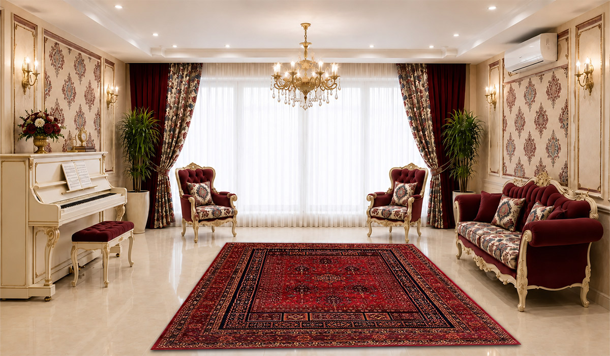 فرش زمرد مشهد 700 شانه طرح عشایر کد 38007 تراکم 2100 در دکوراسیون پذیرایی