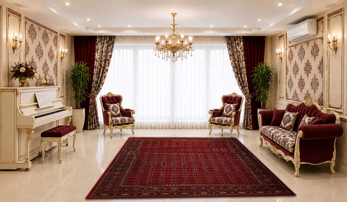 فرش زمرد مشهد 700 شانه طرح عشایر کد 38006 رنگ لاکی در دکوراسیون پذیرایی