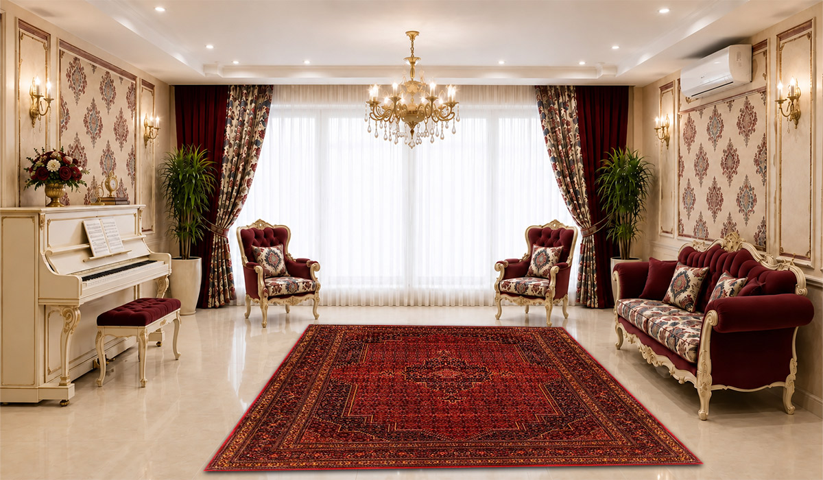 فرش زمرد مشهد 700 شانه طرح عشایر کد 38004 تراکم 2100 در دکوراسیون پذیرایی