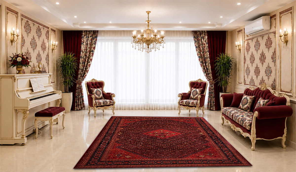 فرش زمرد مشهد 700 شانه طرح عشایر کد 38003 تراکم 2100 در دکوراسیون پذیرایی