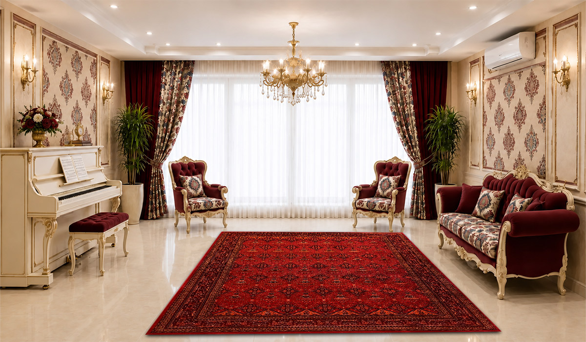 فرش زمرد مشهد 700 شانه طرح عشایر کد 38002 تراکم 2100 در دکوراسیون پذیرایی