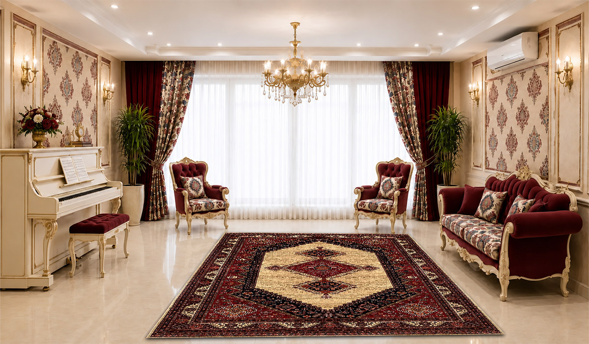 فرش زمرد مشهد 700 شانه طرح عشایر کد 38000 تراکم 2100 در دکوراسیون پذیرایی