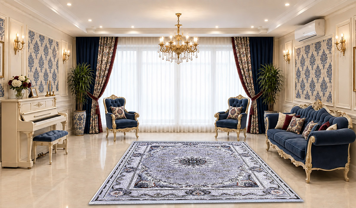 فرش 1500 شانه نگین مشهد طرح لچک و ترنج کد 1504 رنگ نقره&zwnj;ای با تراکم 4500 در دکوراسیون پذیرایی