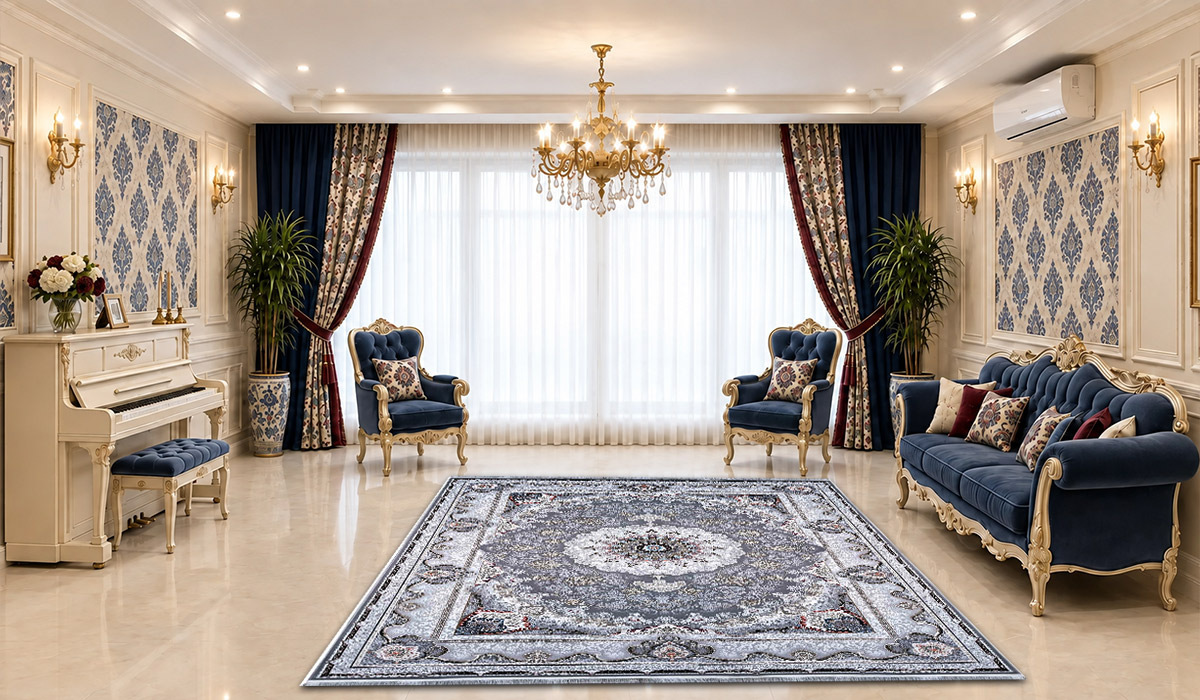 فرش 1500 شانه نگین مشهد طرح لچک و ترنج کد 1504 تراکم 4500 رنگ طوسی در دکوراسیون پذیرایی