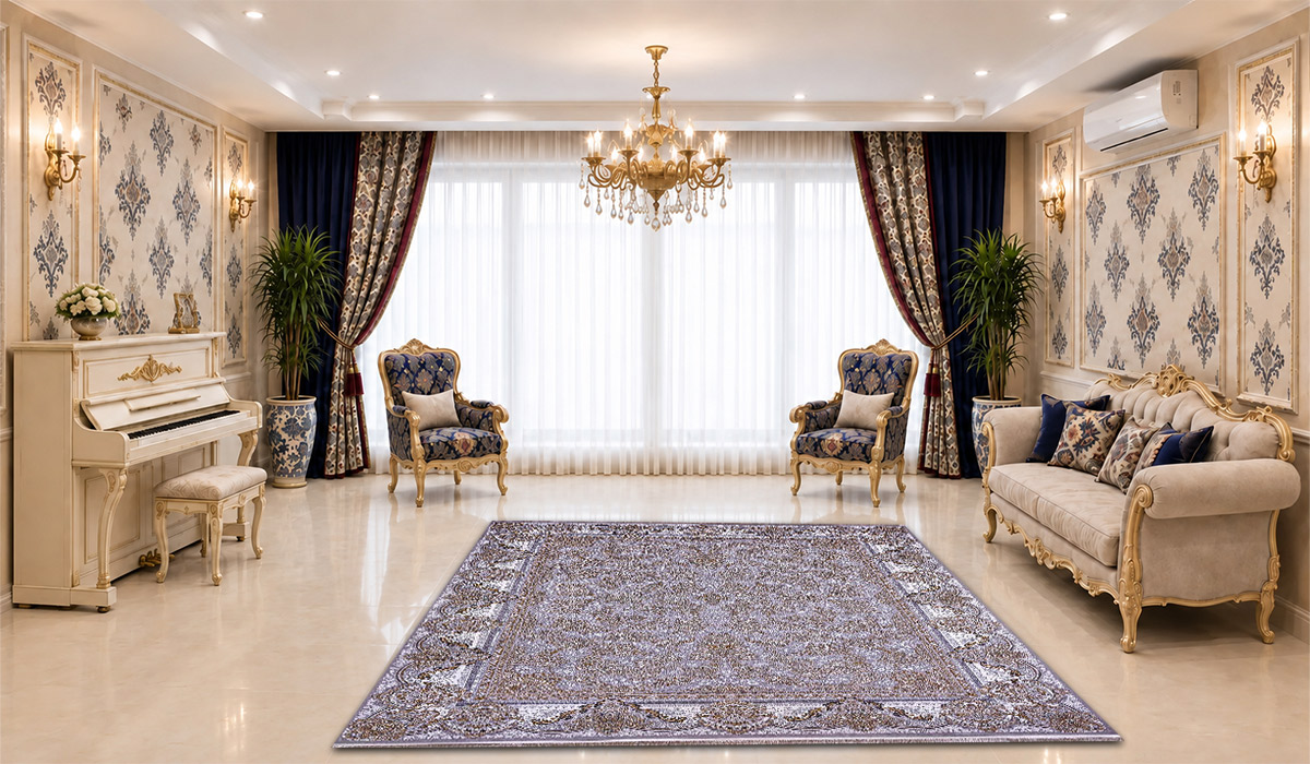 فرش 1500 شانه نگین مشهد طرح افشان کد 1503 تراکم 4500 رنگ نقره&zwnj;ای در دکوراسیون پذیرایی