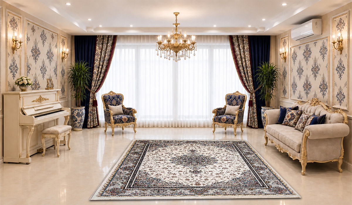 فرش 1200 شانه نگین مشهد طرح لچک و ترنج کد 1251 تراکم 3600 رنگ کرم در دکوراسیون پذیرایی
