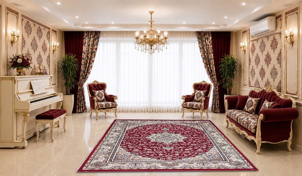 فرش 1200 شانه نگین مشهد طرح لچک و ترنج کد 1251 تراکم 3600 رنگ لاکی در دکوراسیون پذیرایی