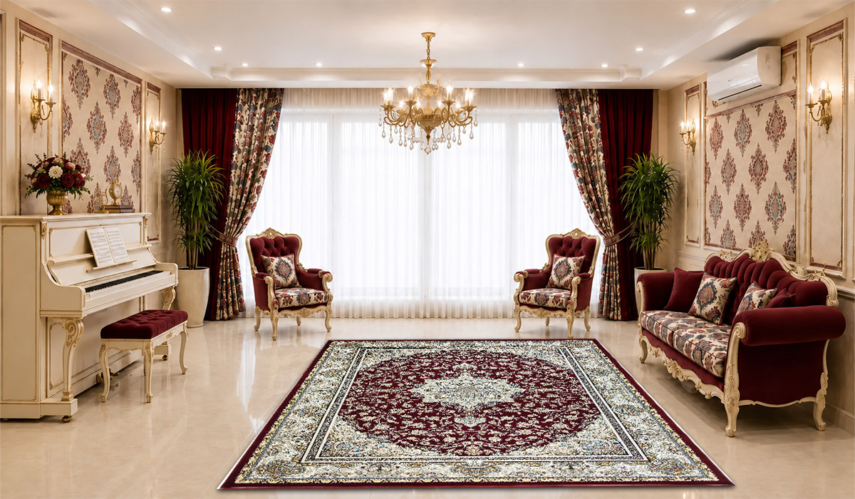 فرش 1200 شانه نگین مشهد طرح لچک و ترنج کد 1249 تراکم 3600 رنگ لاکی در دکوراسیون پذیرایی