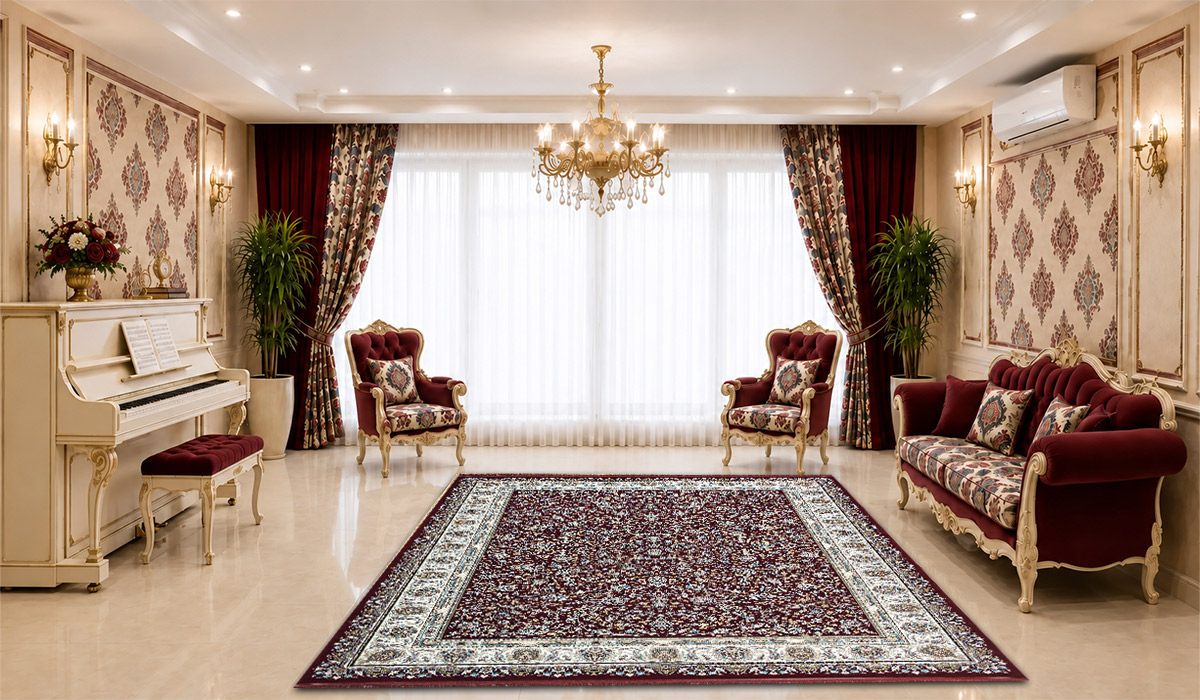 فرش 1200 شانه نگین مشهد طرح افشان کد 1248 تراکم 3600 رنگ لاکی در دکوراسیون پذیرایی