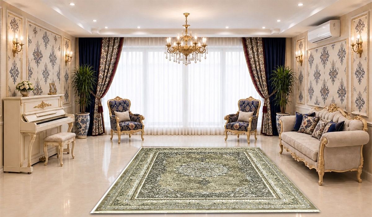 فرش 1200 شانه نگین مشهد طرح لچک و ترنج کد 1247 تراکم 3600 رنگ بژ طلایی در دکوراسیون پذیرایی