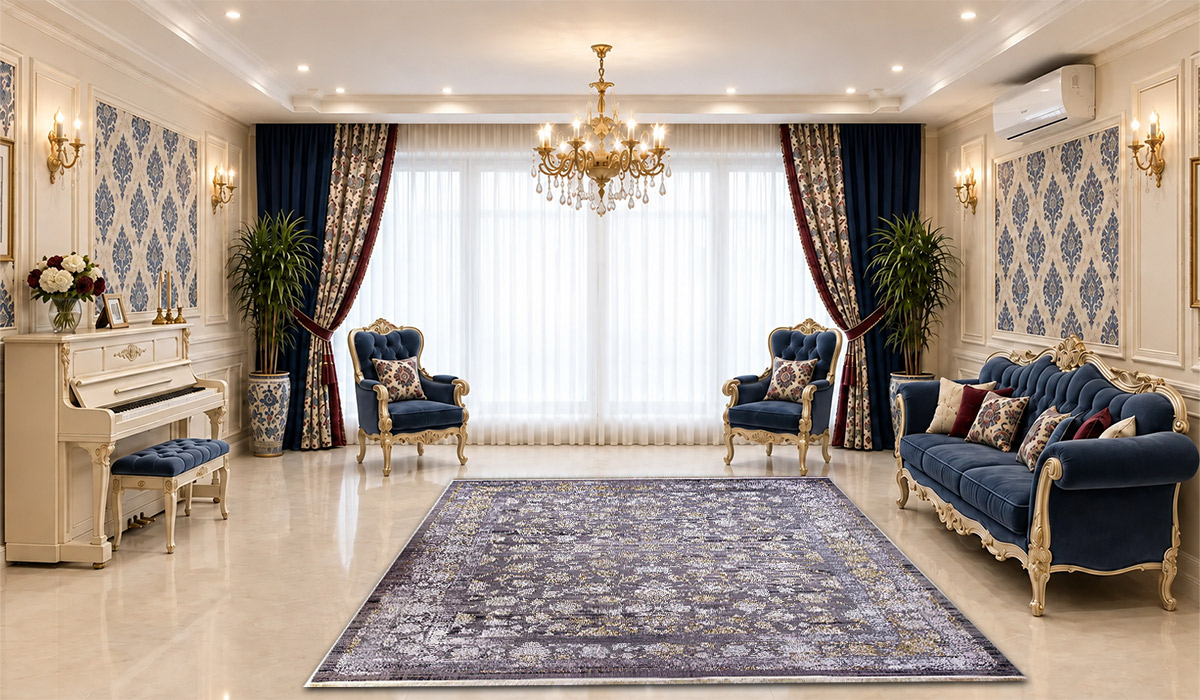 فرش 1200 شانه نگین مشهد طرح افشان کد 1224 تراکم 3600 رنگ طوسی در دکوراسیون پذیرایی