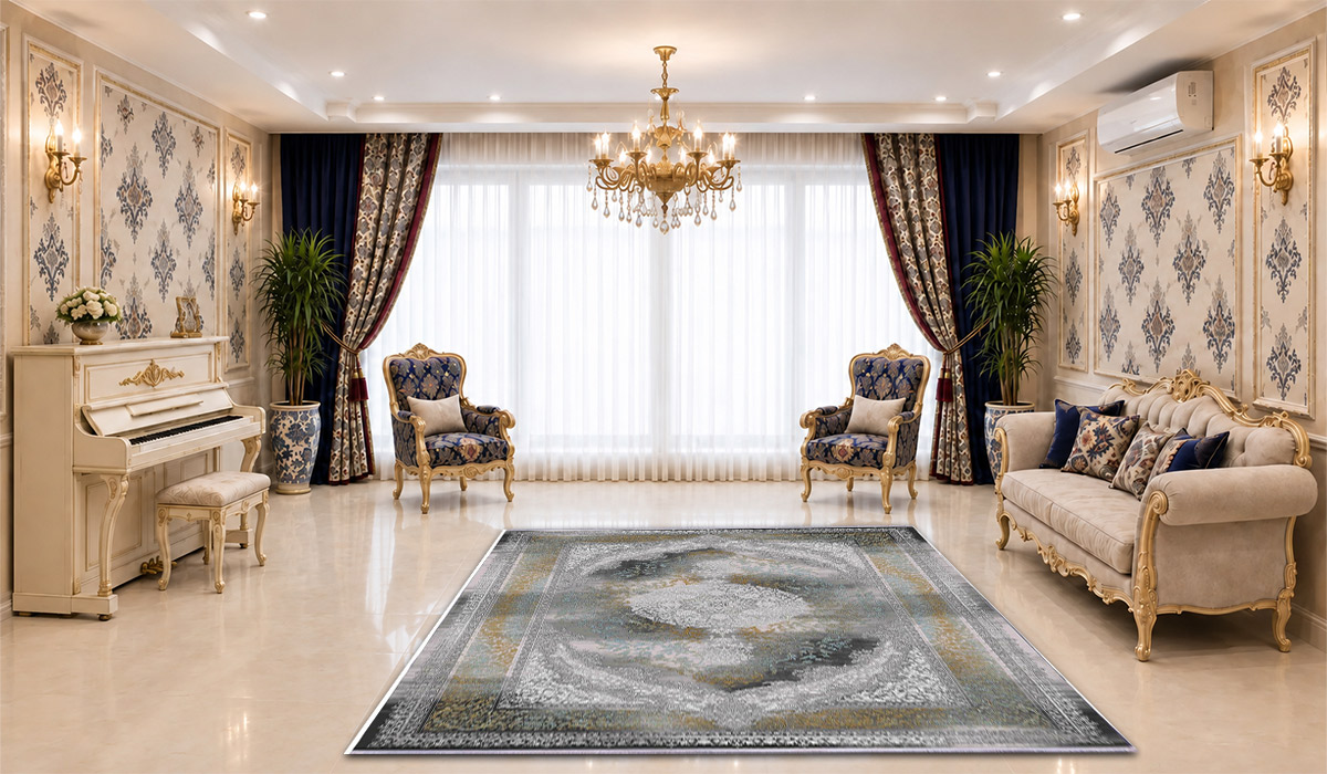 فرش 1200 شانه نگین مشهد طرح مدرن کد 1229 تراکم 3600 رنگ طوسی در دکوراسیون پذیرایی