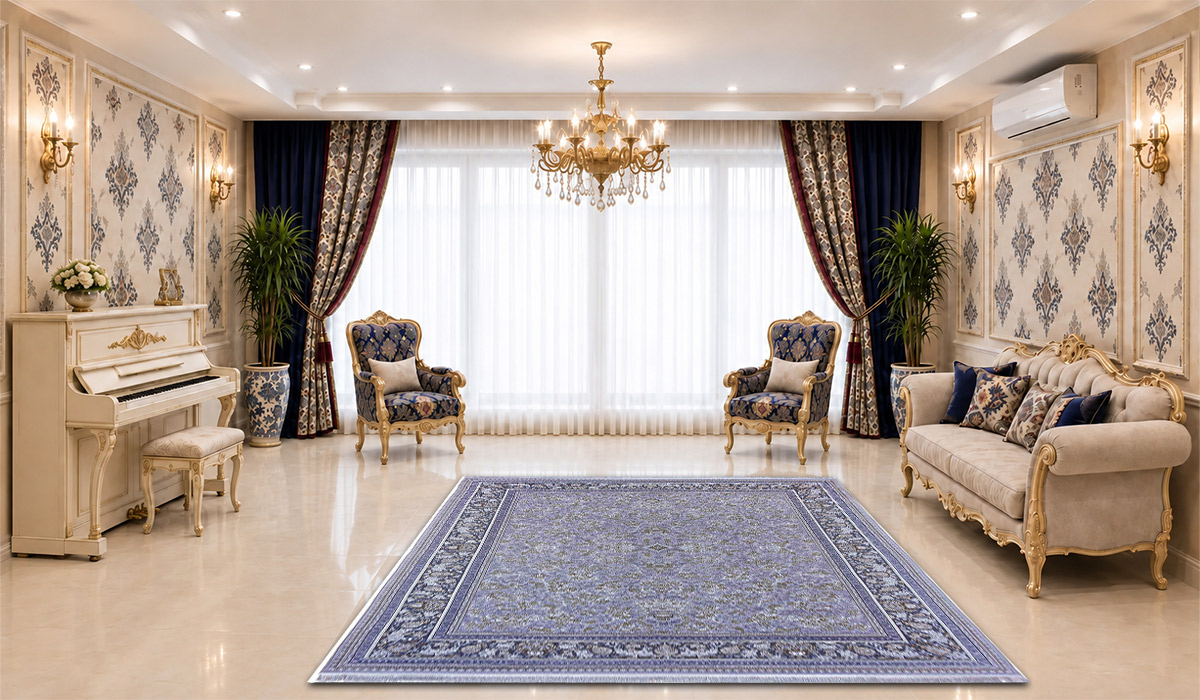 فرش 1200 شانه نگین مشهد طرح افشان کد 1227 تراکم 3600 رنگ طوسی در دکوراسیون پذیرایی