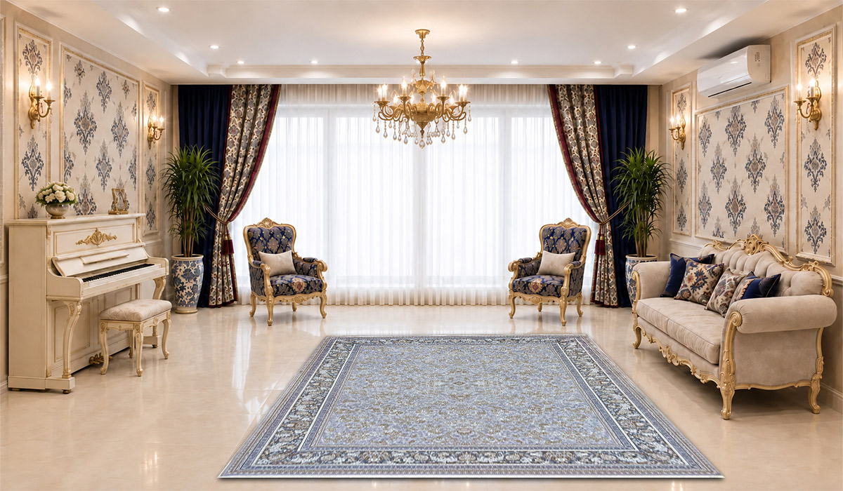 فرش 1200 شانه نگین مشهد طرح افشان کد 1227 تراکم 3600 رنگ نقره&zwnj;ای در دکوراسیون پذیرایی