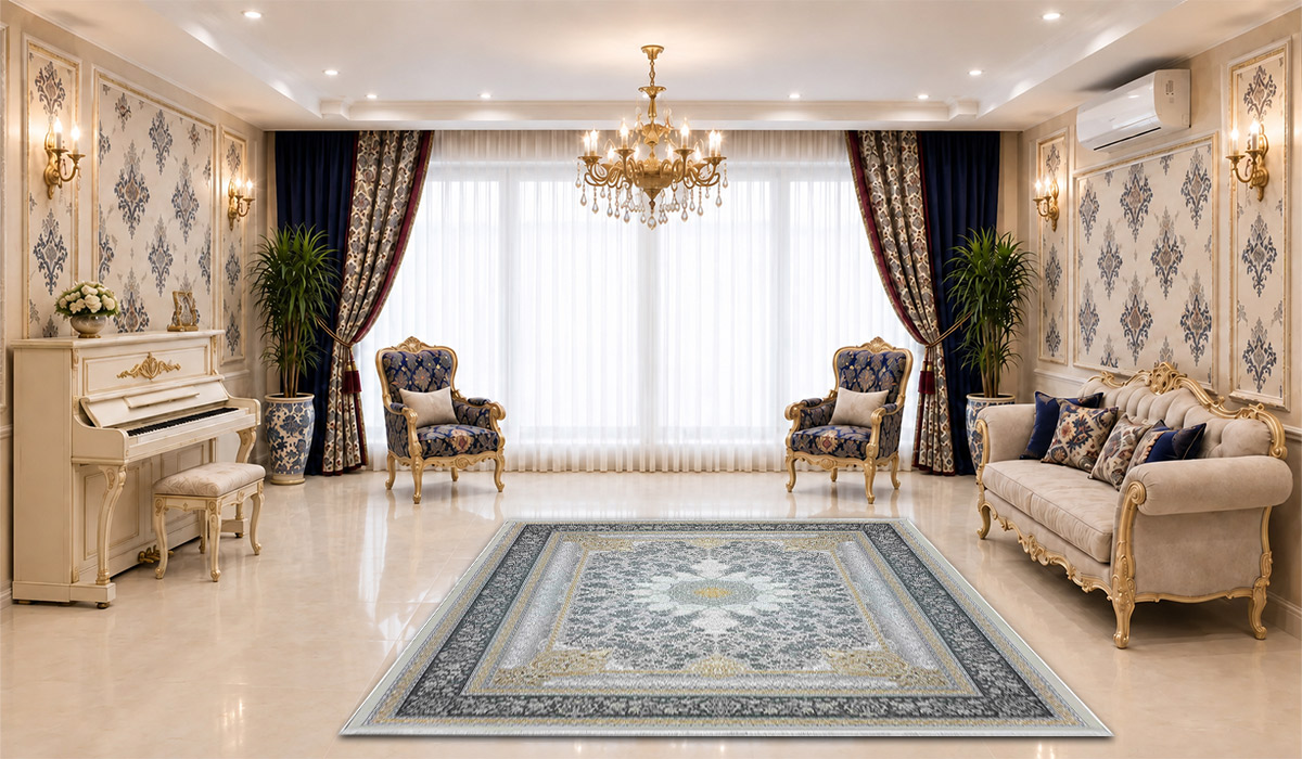 فرش 1200 شانه نگین مشهد طرح لچک و ترنج کد 1226 تراکم 3600 رنگ نقره&zwnj;ای در دکوراسیون پذیرایی