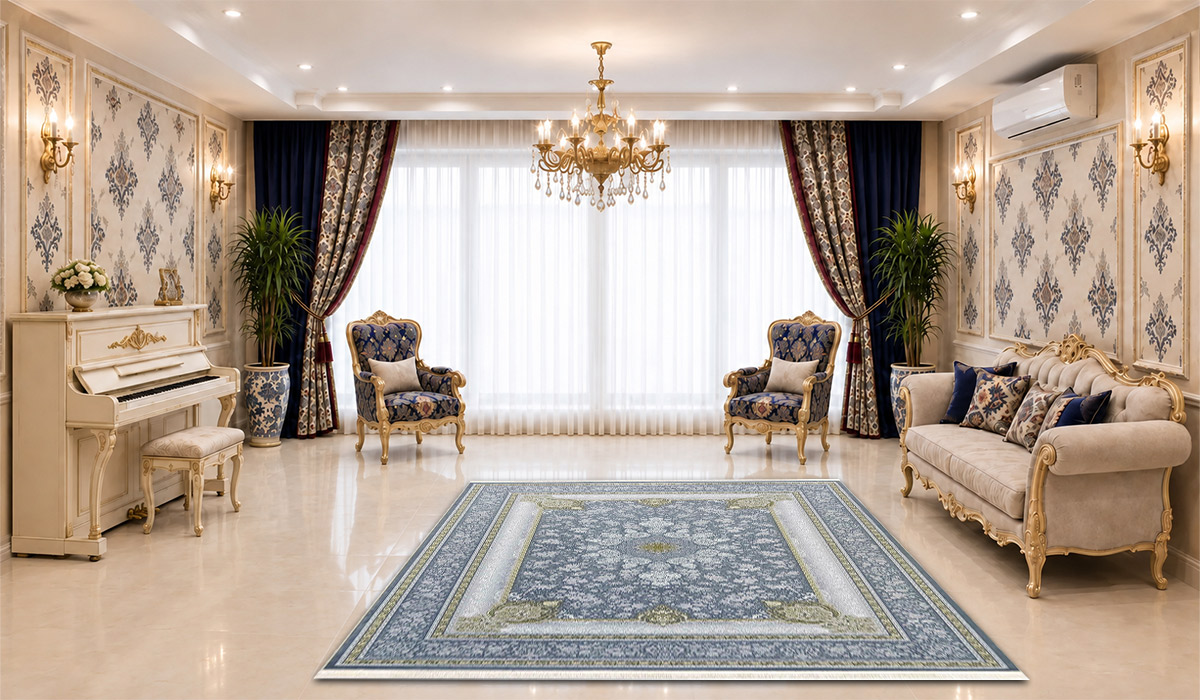 فرش 1200 شانه نگین مشهد طرح لچک و ترنج کد 1226 تراکم 3600 رنگ طوسی در دکوراسیون پذیرایی