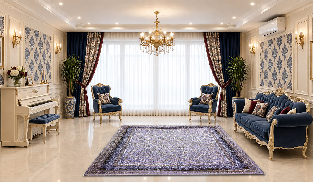 فرش 1200 شانه نگین مشهد طرح افشان کد 1223 تراکم 3600 رنگ نقره&zwnj;ای در دکوراسیون پذیرایی