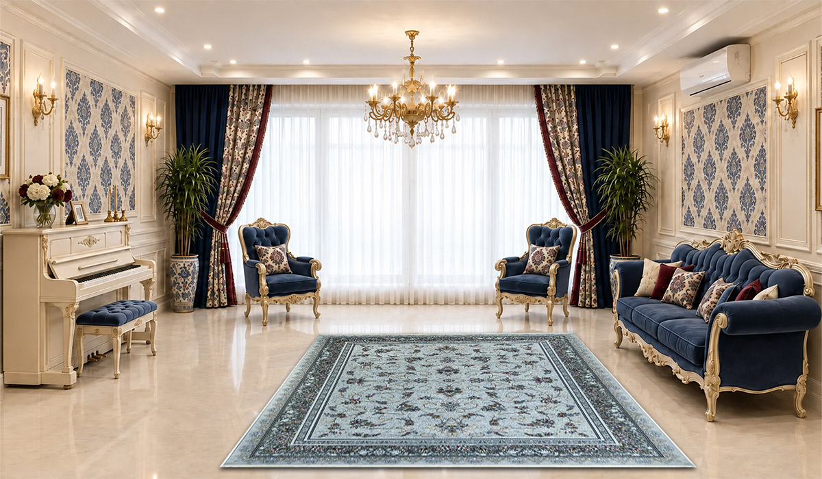 فرش نگین مشهد 700 شانه طرح افشان کد 2630 رنگ نقره&zwnj;ای در دکوراسیون پذیرایی