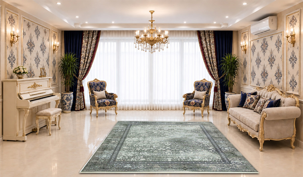 فرش نگین مشهد 700 شانه طرح افشان کد 2627 رنگ نقره&zwnj;ای در دکوراسیون پذیرایی