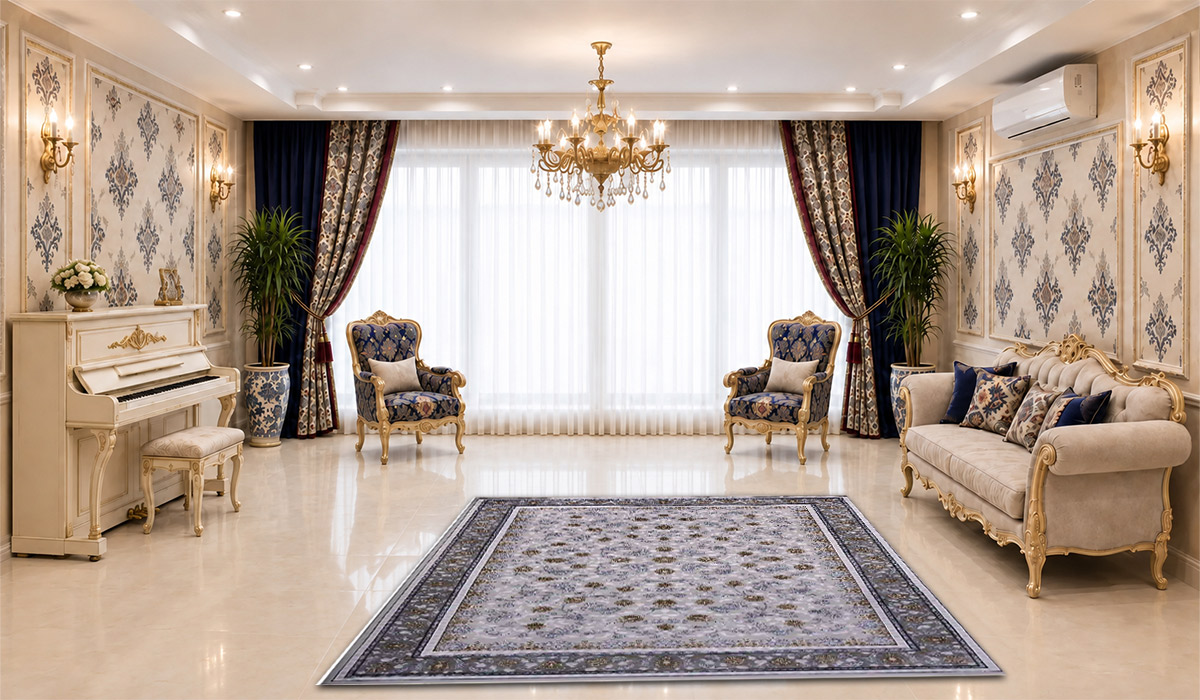 فرش نگین مشهد 700 شانه طرح افشان کد 2612 رنگ نقره&zwnj;ای در دکوراسیون پذیرایی