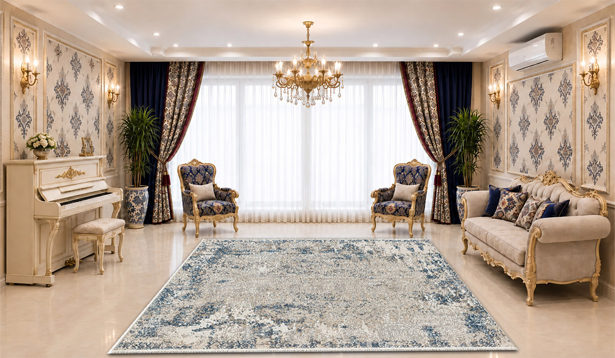 فرش 1000 شانه نگین مشهد کد 1026 تراکم 3000 رنگ کرم آبی در دکوراسیون پذیرایی