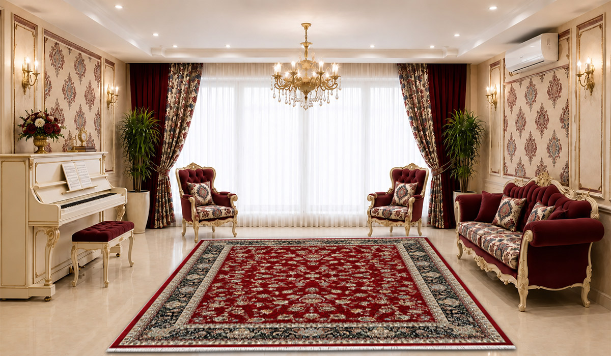 تصویر فرش زمرد مشهد 700 شانه طرح افشان کد 25093 با تراکم 2550 و رنگ لاکی، مناسب نمایش دقیق طرح و رنگ این محصول در فروشگاه اینترنتی دی&zwnj;فرش.