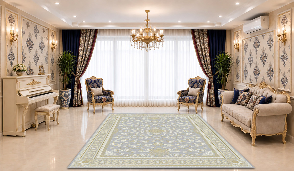 تصویر فرش عظیمزاده کاشان 1200 شانه طرح ویکتوریا با تراکم 3600 و رنگ سیلور لایت، مناسب نمایش دقیق طرح و رنگ این محصول در فروشگاه اینترنتی دیفرش. فرش عظیمزاده کاشان 1200 شانه ویکتوریا سیلور لایت | دیفرش