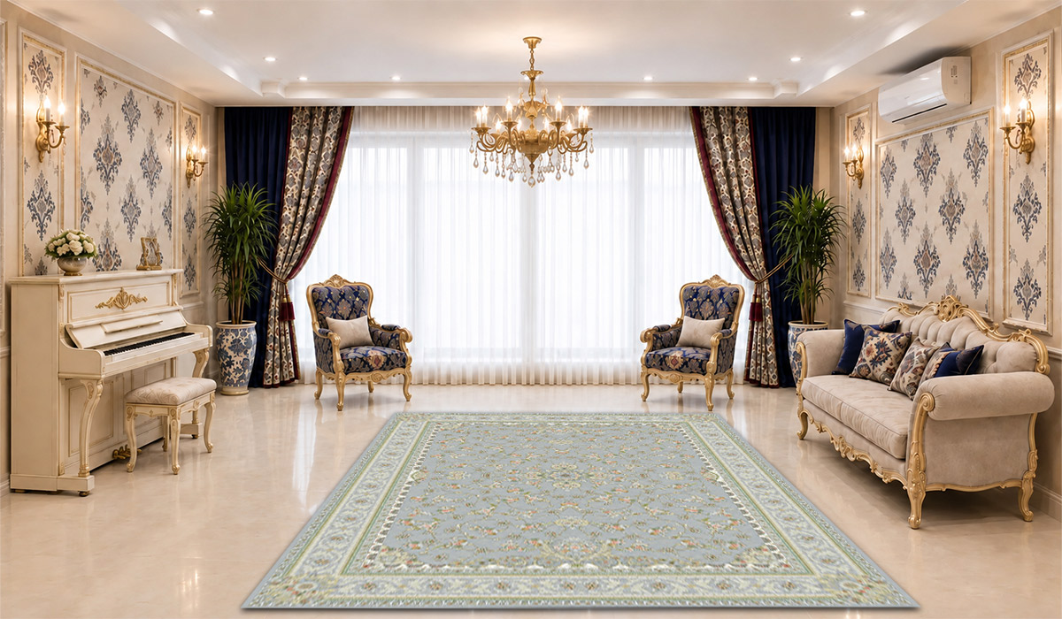 فرش عظیمزاده کاشان 1200 شانه ویکتوریا سیلور رنگی | دیفرش تصویر فرش عظیمزاده کاشان 1200 شانه طرح ویکتوریا با تراکم 3600 و رنگ سیلور رنگی، مناسب نمایش دقیق طرح و رنگ این محصول در فروشگاه اینترنتی دیفرش.