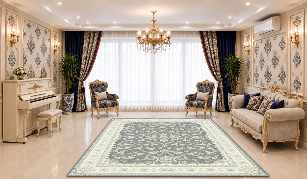 فرش عظیمزاده کاشان 1200 شانه ویکتوریا طوسی لایت | دیفرش تصویر فرش عظیمزاده کاشان 1200 شانه طرح ویکتوریا با تراکم 3600 و رنگ طوسی لایت، مناسب نمایش دقیق طرح و رنگ این محصول در فروشگاه اینترنتی دیفرش.